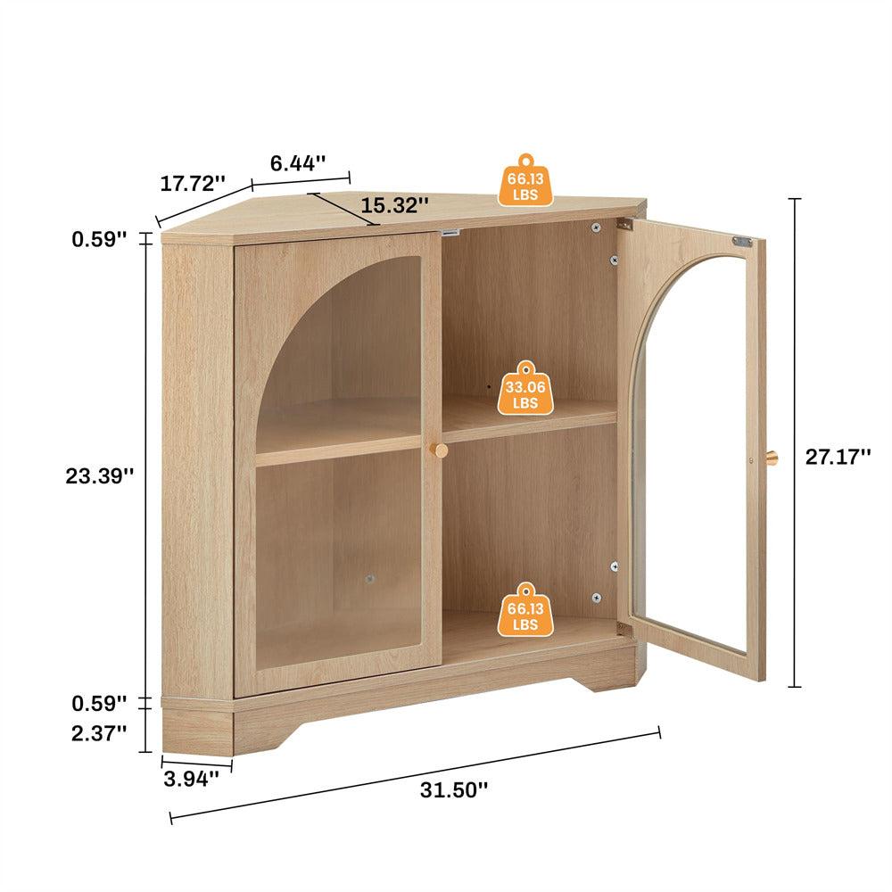 Natural Modern Floor Corner Cabinet Small Curved Narrow Cabinet with Doors and Adjustable Shelves