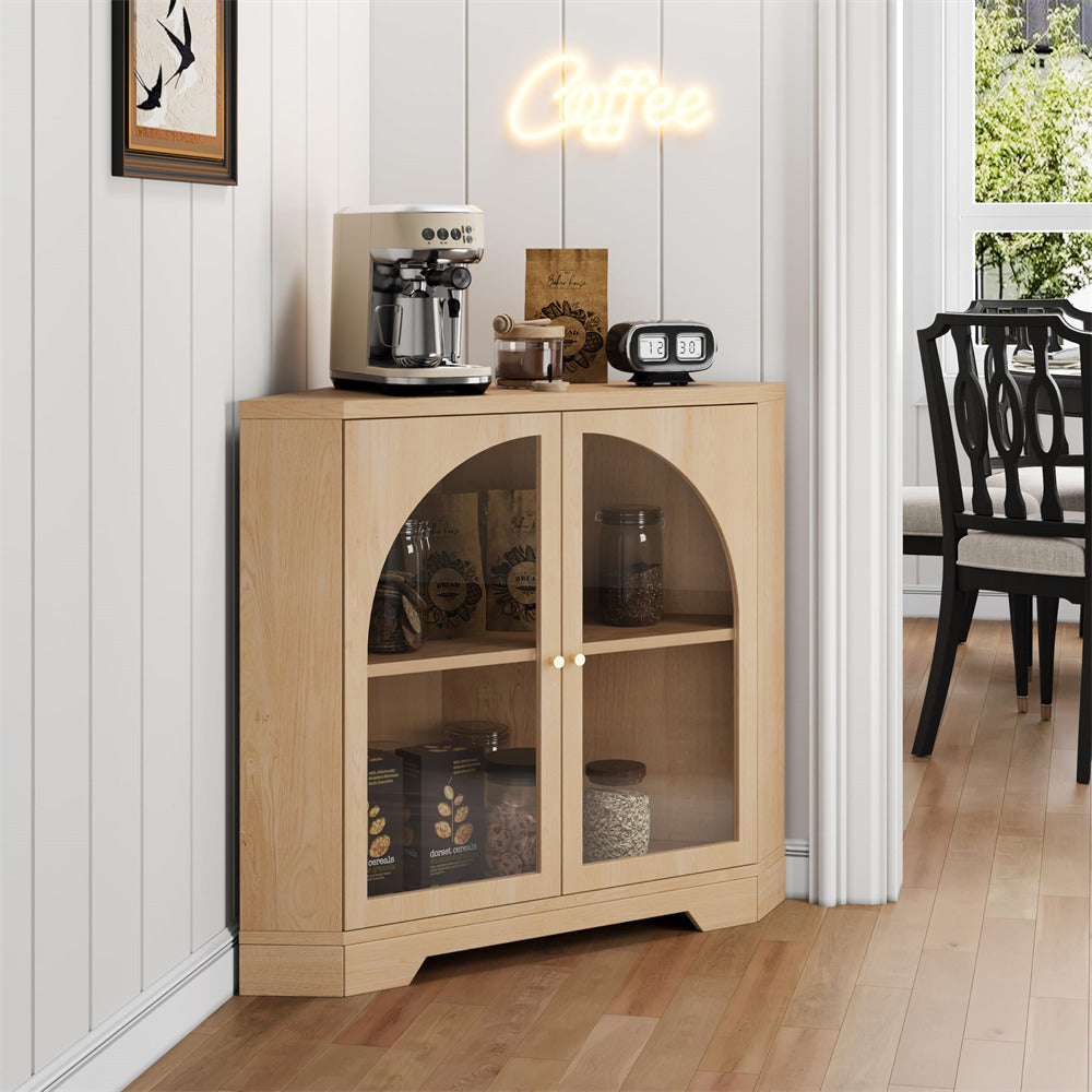 Natural Modern Floor Corner Cabinet Small Curved Narrow Cabinet with Doors and Adjustable Shelves
