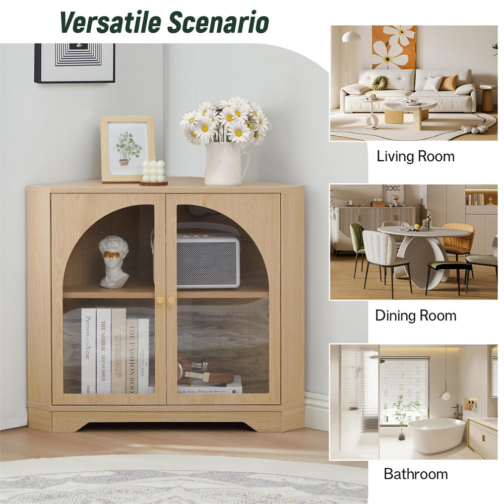 Natural Modern Floor Corner Cabinet Small Curved Narrow Cabinet with Doors and Adjustable Shelves