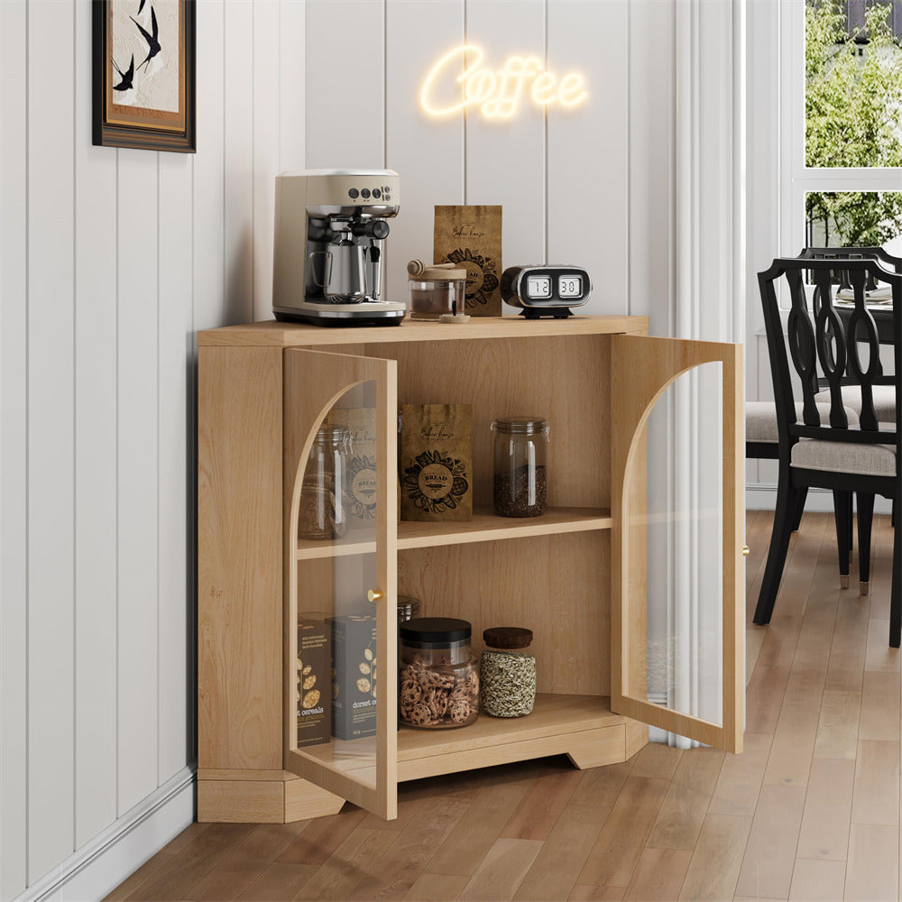 Natural Modern Floor Corner Cabinet Small Curved Narrow Cabinet with Doors and Adjustable Shelves