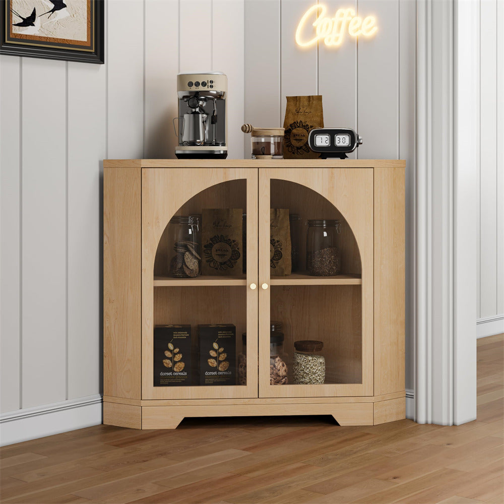 Natural Modern Floor Corner Cabinet Small Curved Narrow Cabinet with Doors and Adjustable Shelves