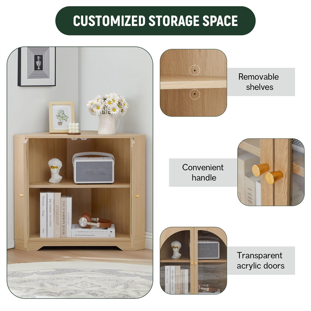 Natural Modern Floor Corner Cabinet Small Curved Narrow Cabinet with Doors and Adjustable Shelves