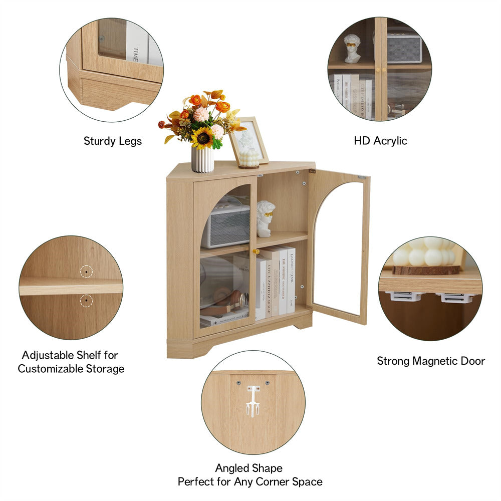 Natural Modern Floor Corner Cabinet Small Curved Narrow Cabinet with Doors and Adjustable Shelves