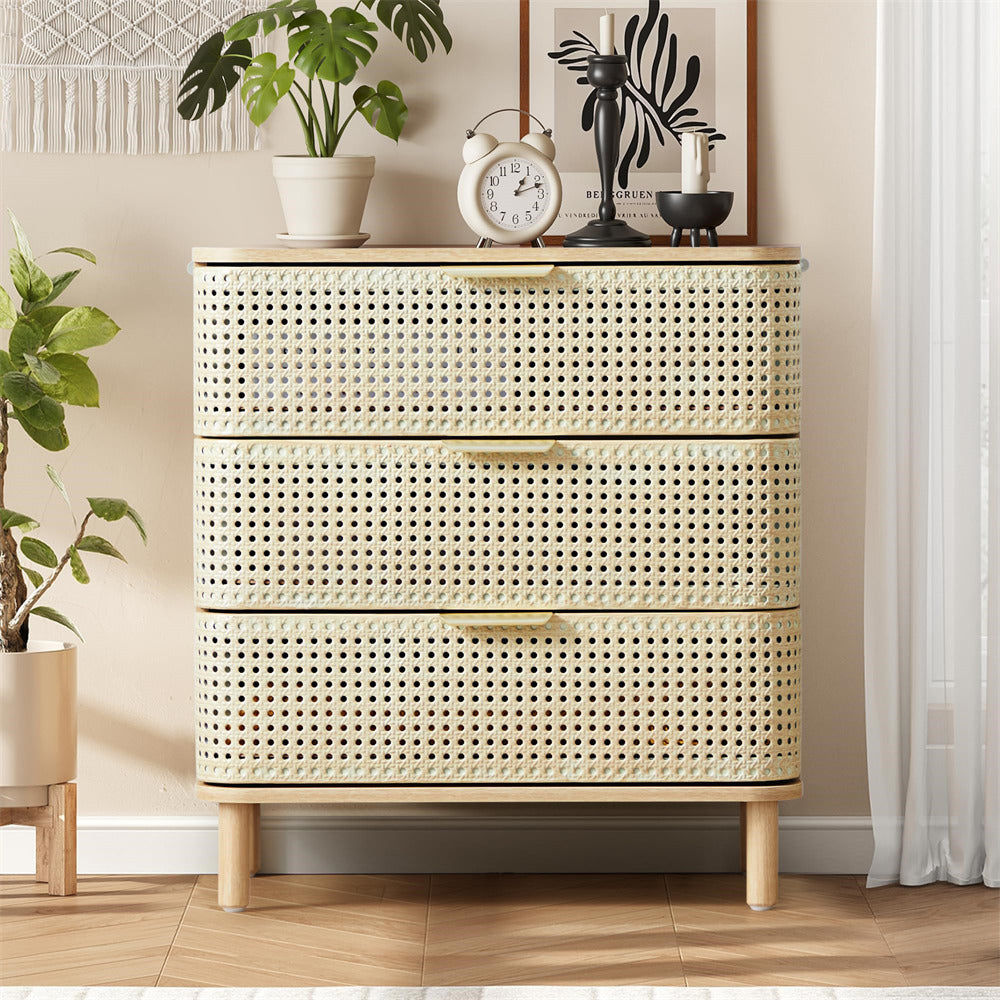 Natural Modern Iron Rattan 3 Drawer Dresser Accent Storage Cabinet