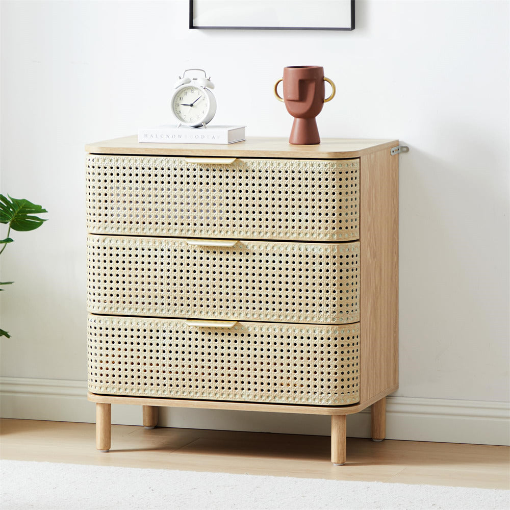 Natural Modern Iron Rattan 3 Drawer Dresser Accent Storage Cabinet