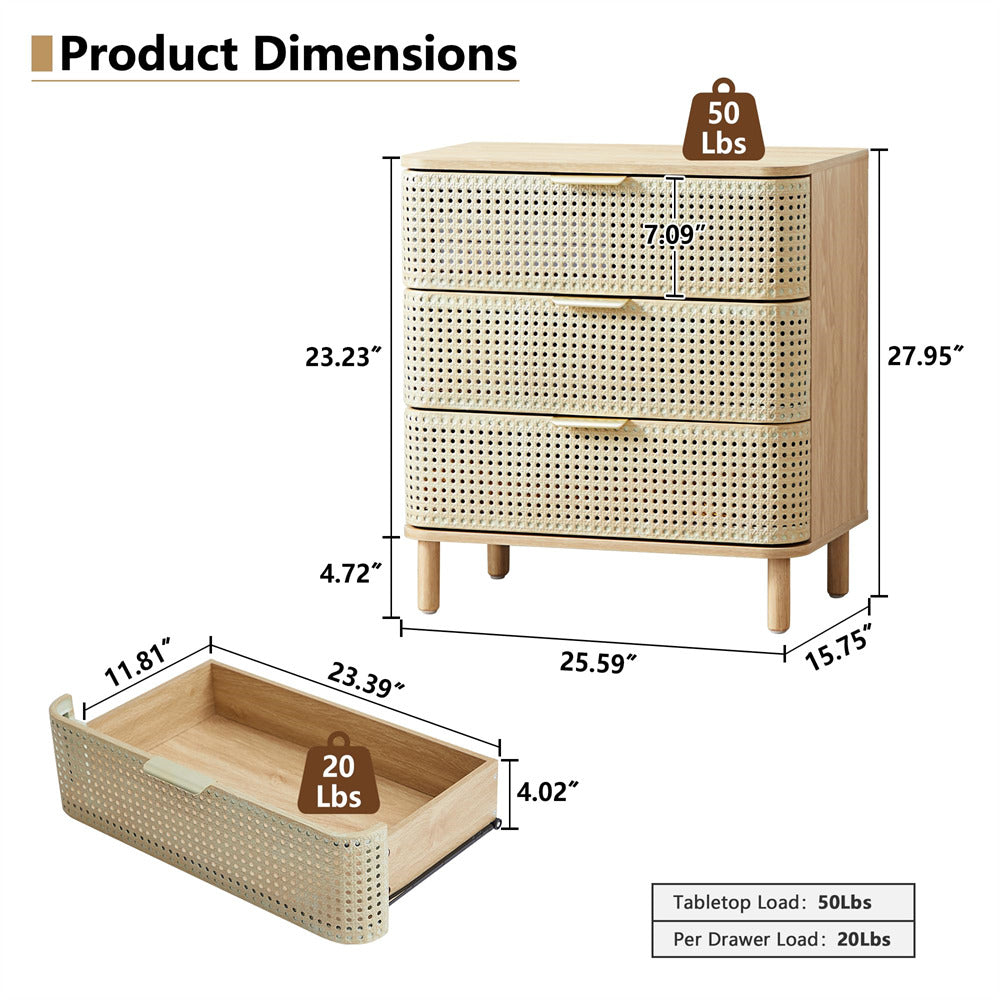 Natural Modern Iron Rattan 3 Drawer Dresser Accent Storage Cabinet