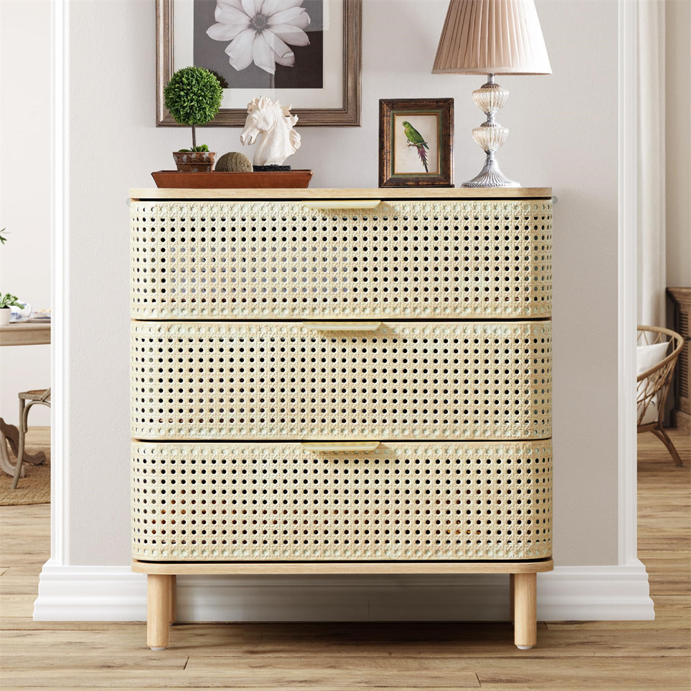 Natural Modern Iron Rattan 3 Drawer Dresser Accent Storage Cabinet