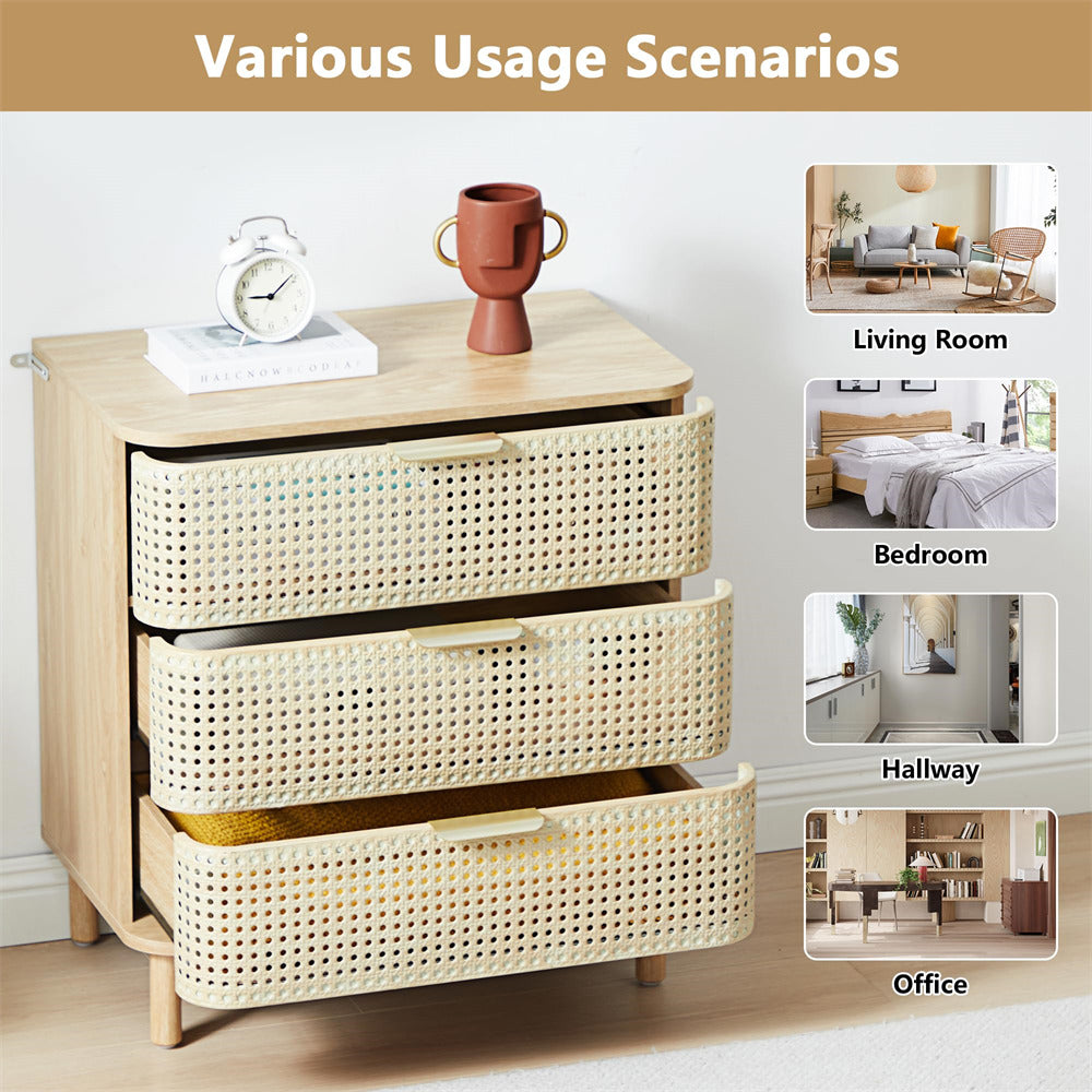 Natural Modern Iron Rattan 3 Drawer Dresser Accent Storage Cabinet