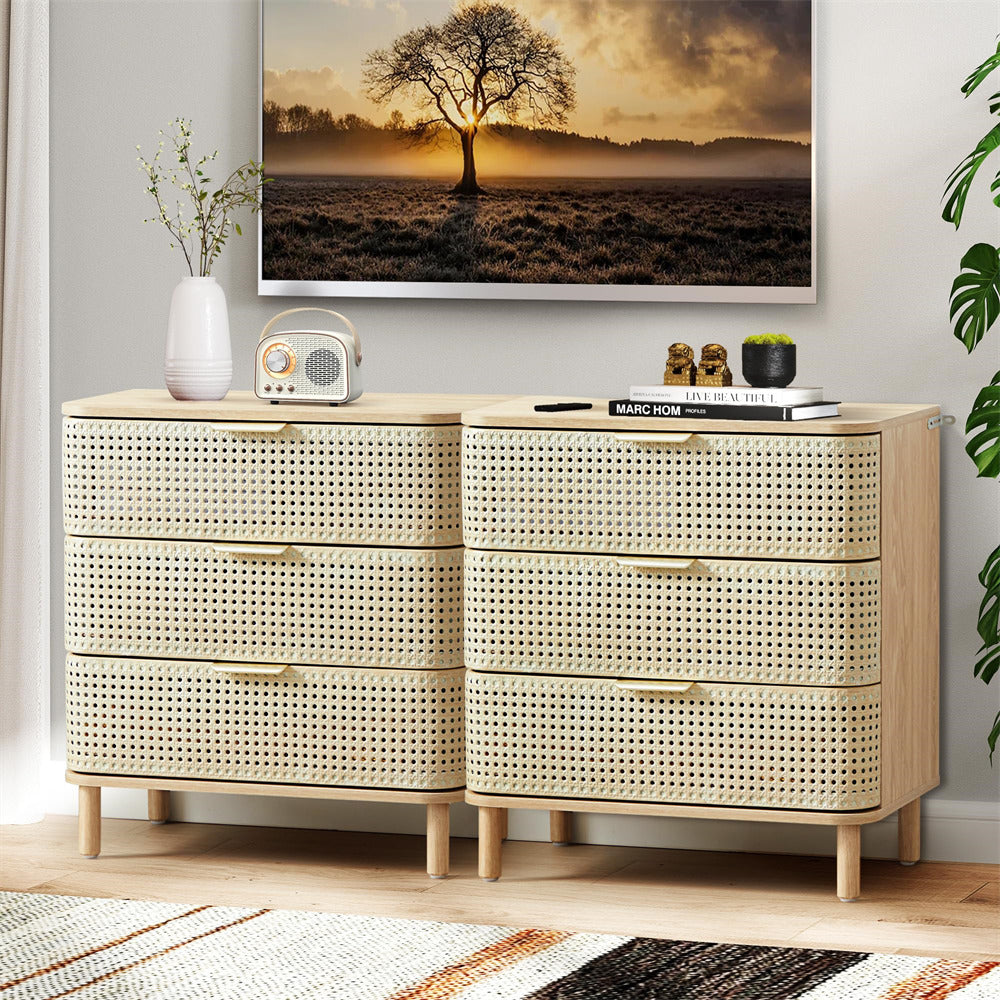 Natural Modern Iron Rattan 3 Drawer Dresser Accent Storage Cabinet