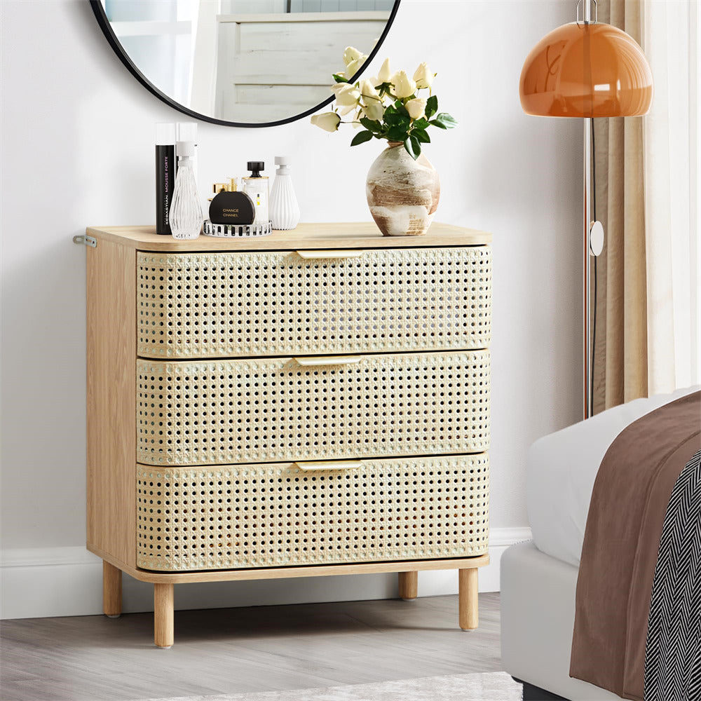 Natural Modern Iron Rattan 3 Drawer Dresser Accent Storage Cabinet