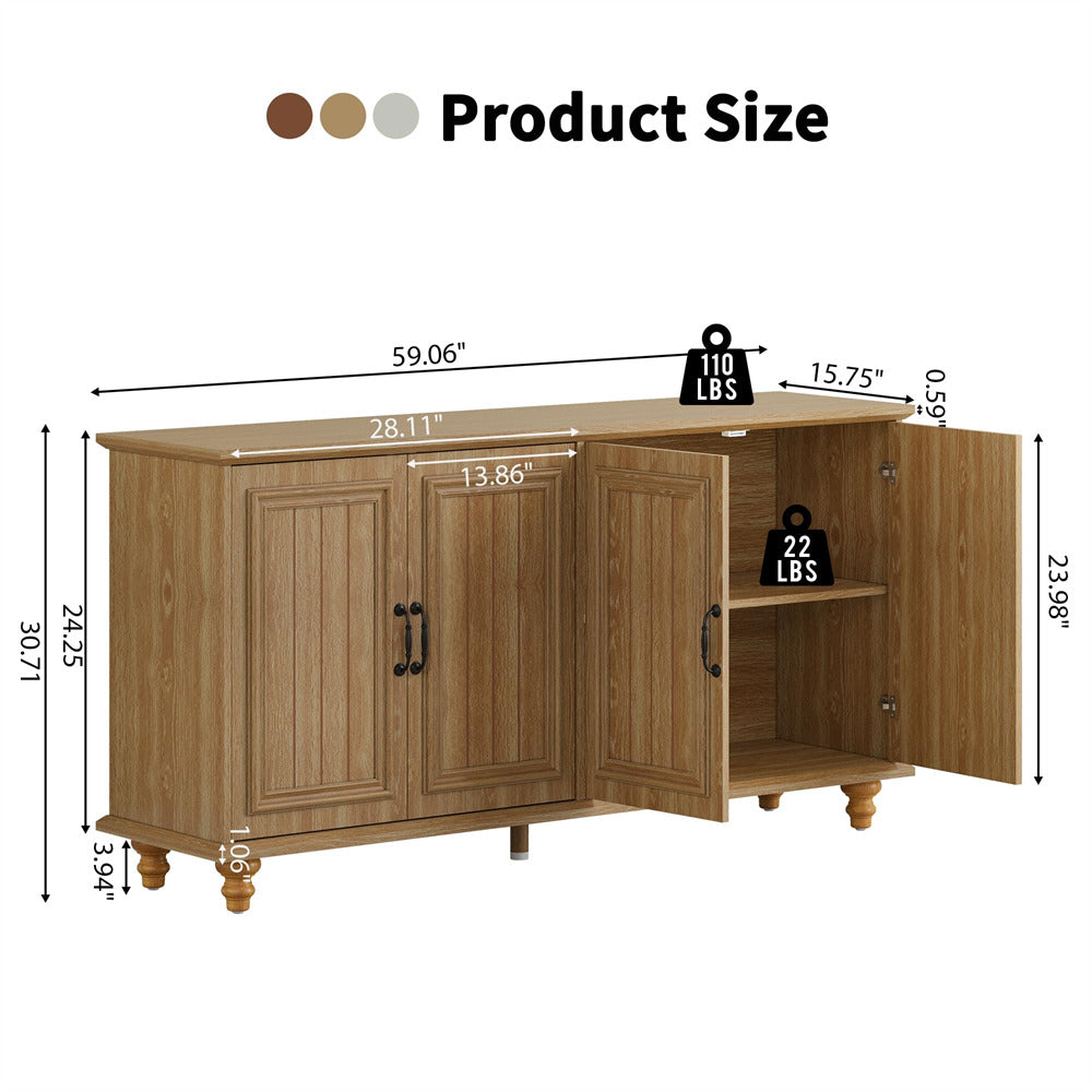 Natural Modern Sideboard Storage Cabinet Console Table with 4 Doors and Adjustable Shelves