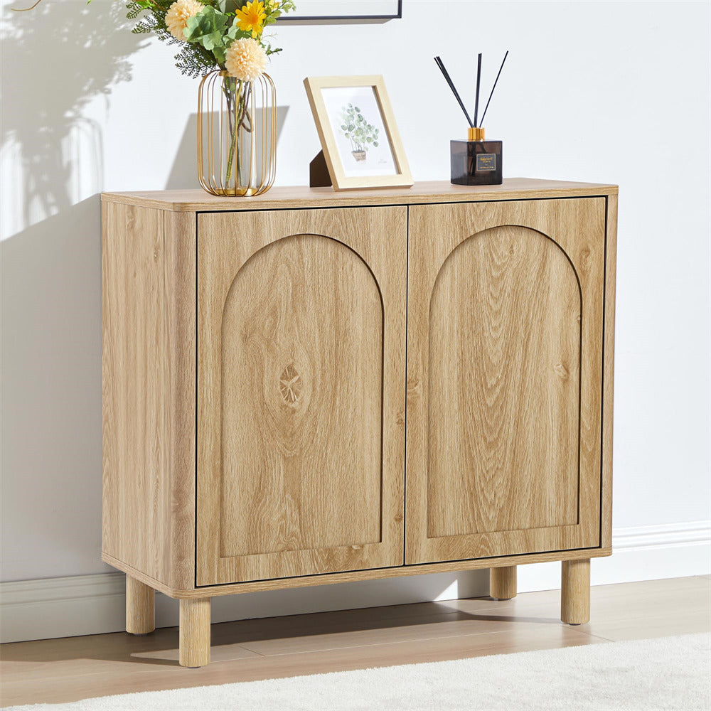 Natural Modern Sideboard Storage Cabinet Console Table with Arched Finish Doors and Solid Wood Legs