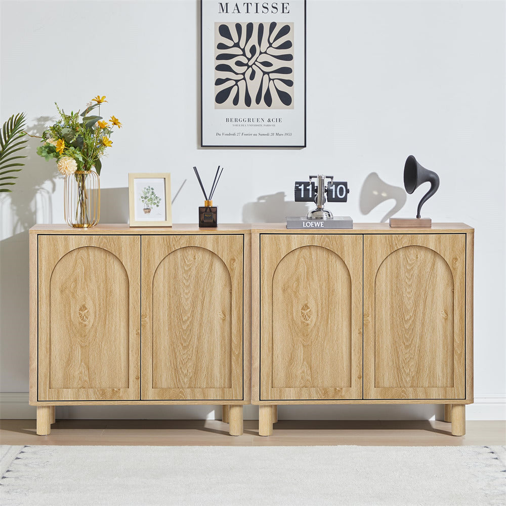 Natural Modern Sideboard Storage Cabinet Console Table with Arched Finish Doors and Solid Wood Legs