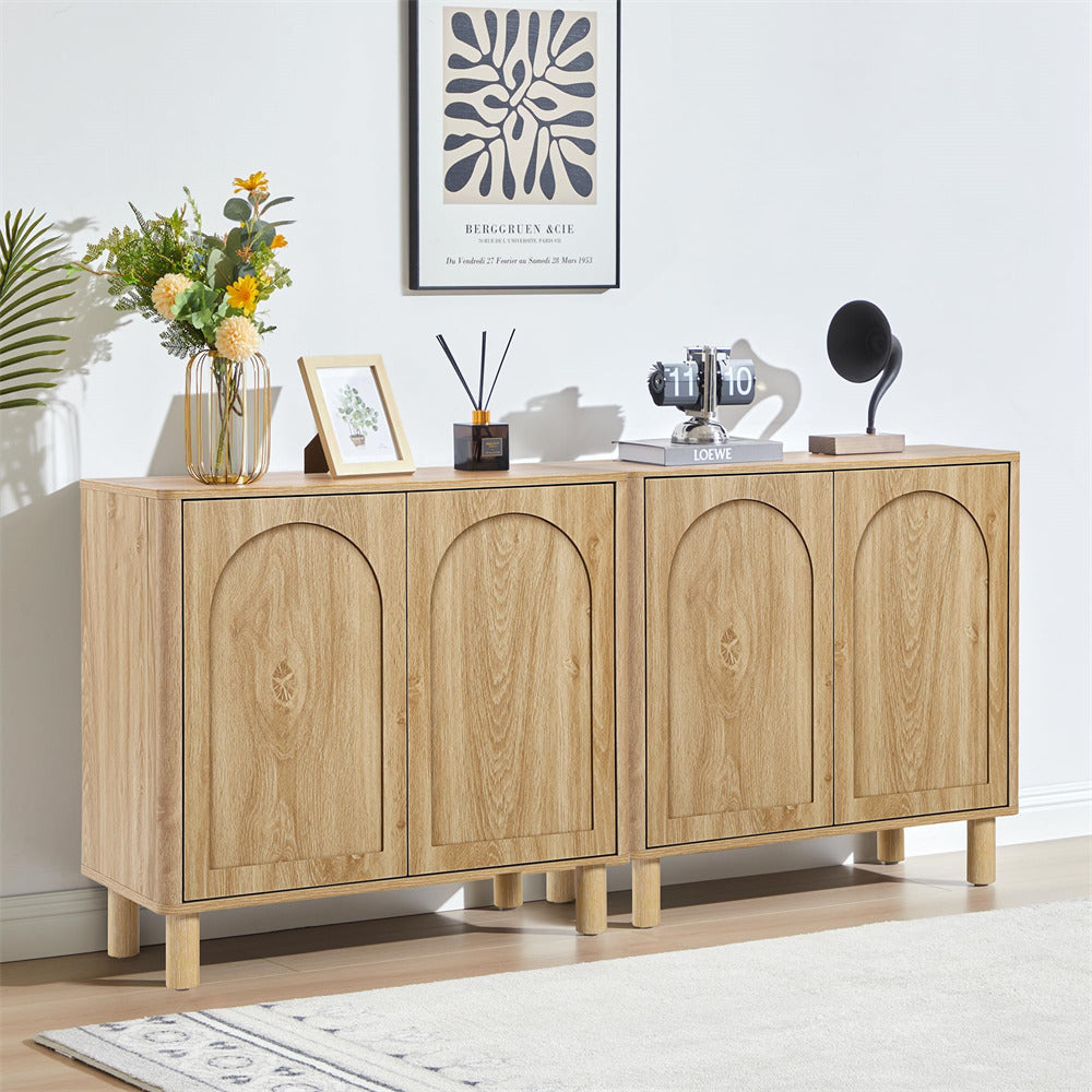 Natural Modern Sideboard Storage Cabinet Console Table with Arched Finish Doors and Solid Wood Legs