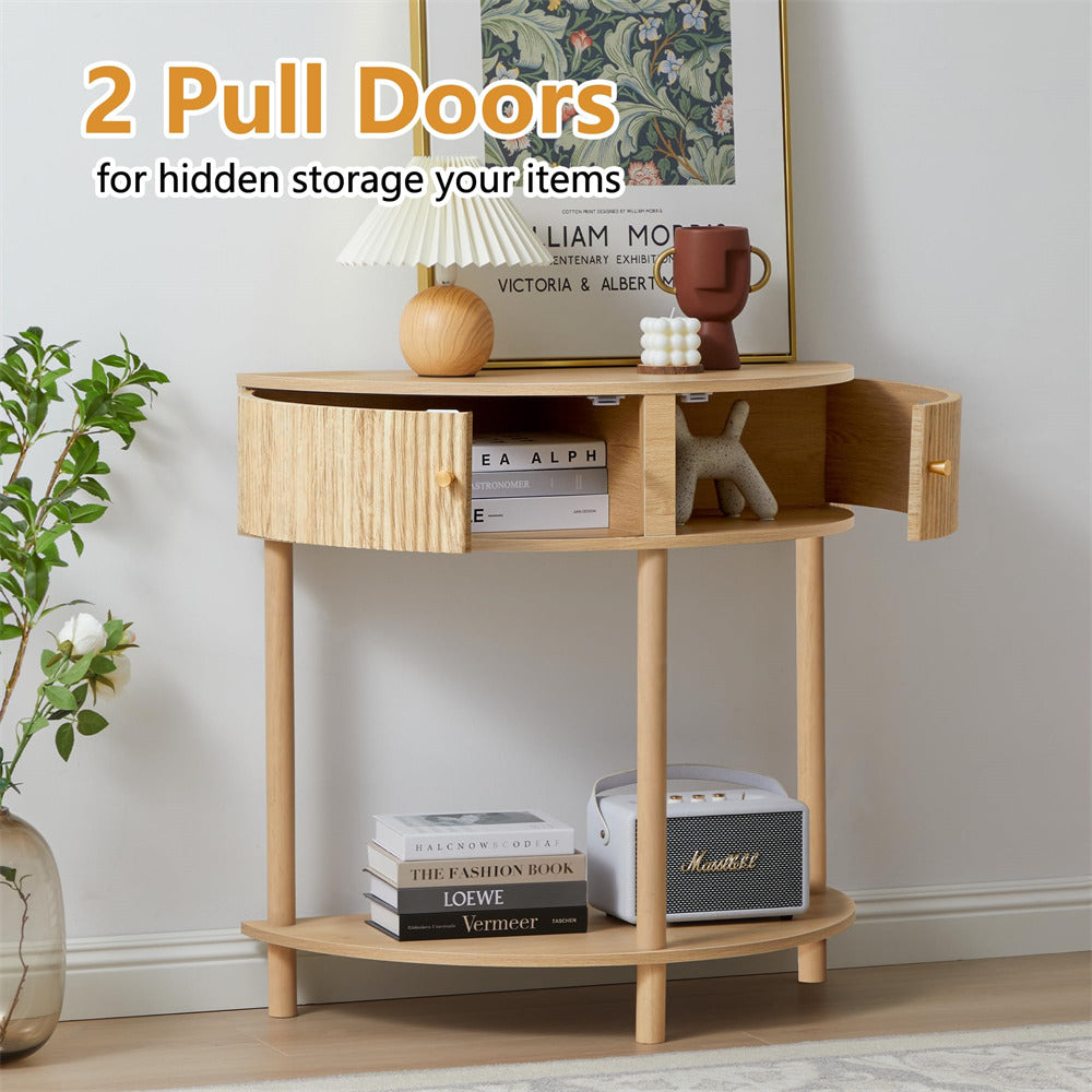 Natural Modern Small Fluted Half Moon Entryway Console Table with Storage and Solid Wood Legs