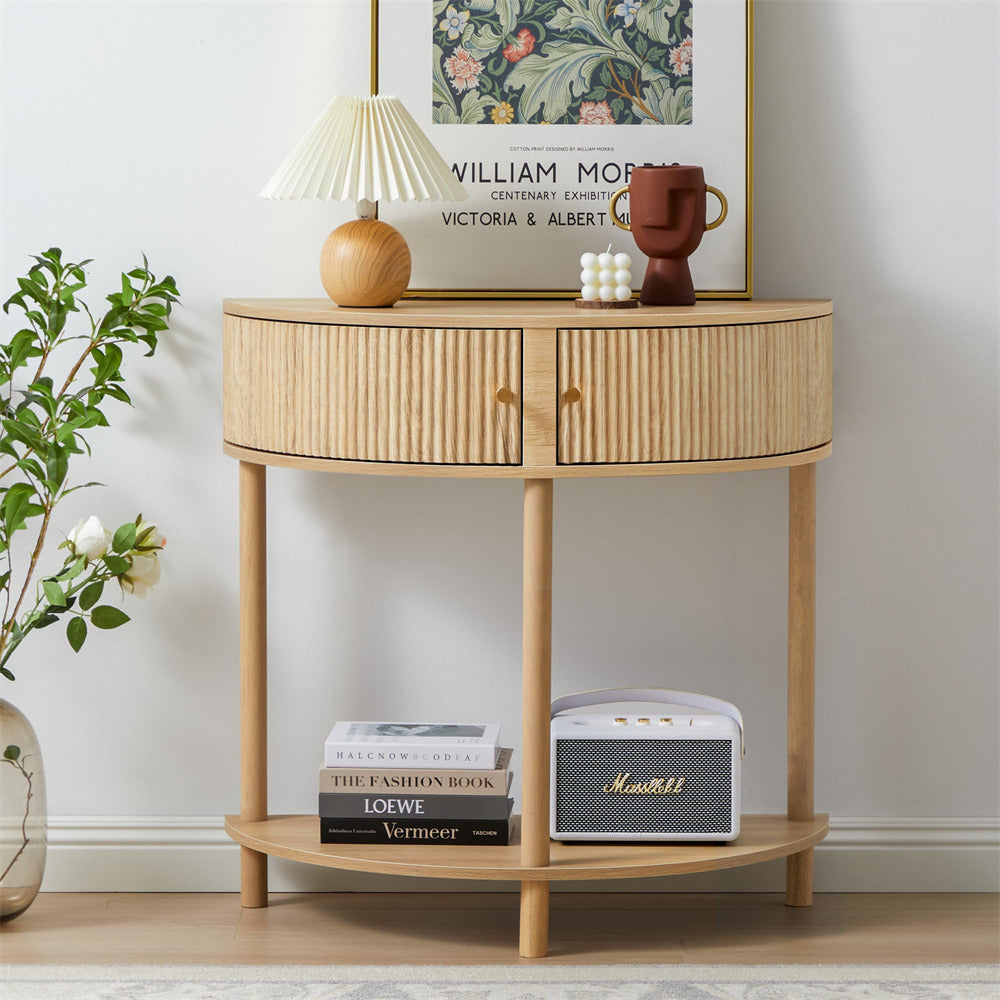 Natural Modern Small Fluted Half Moon Entryway Console Table with Storage and Solid Wood Legs