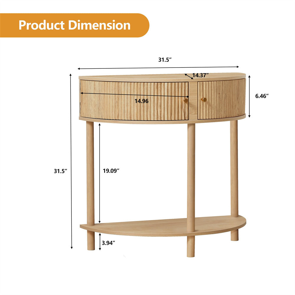 Natural Modern Small Fluted Half Moon Entryway Console Table with Storage and Solid Wood Legs