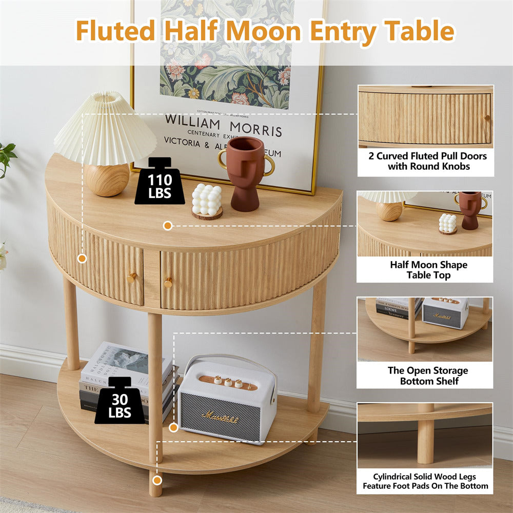 Natural Modern Small Fluted Half Moon Entryway Console Table with Storage and Solid Wood Legs