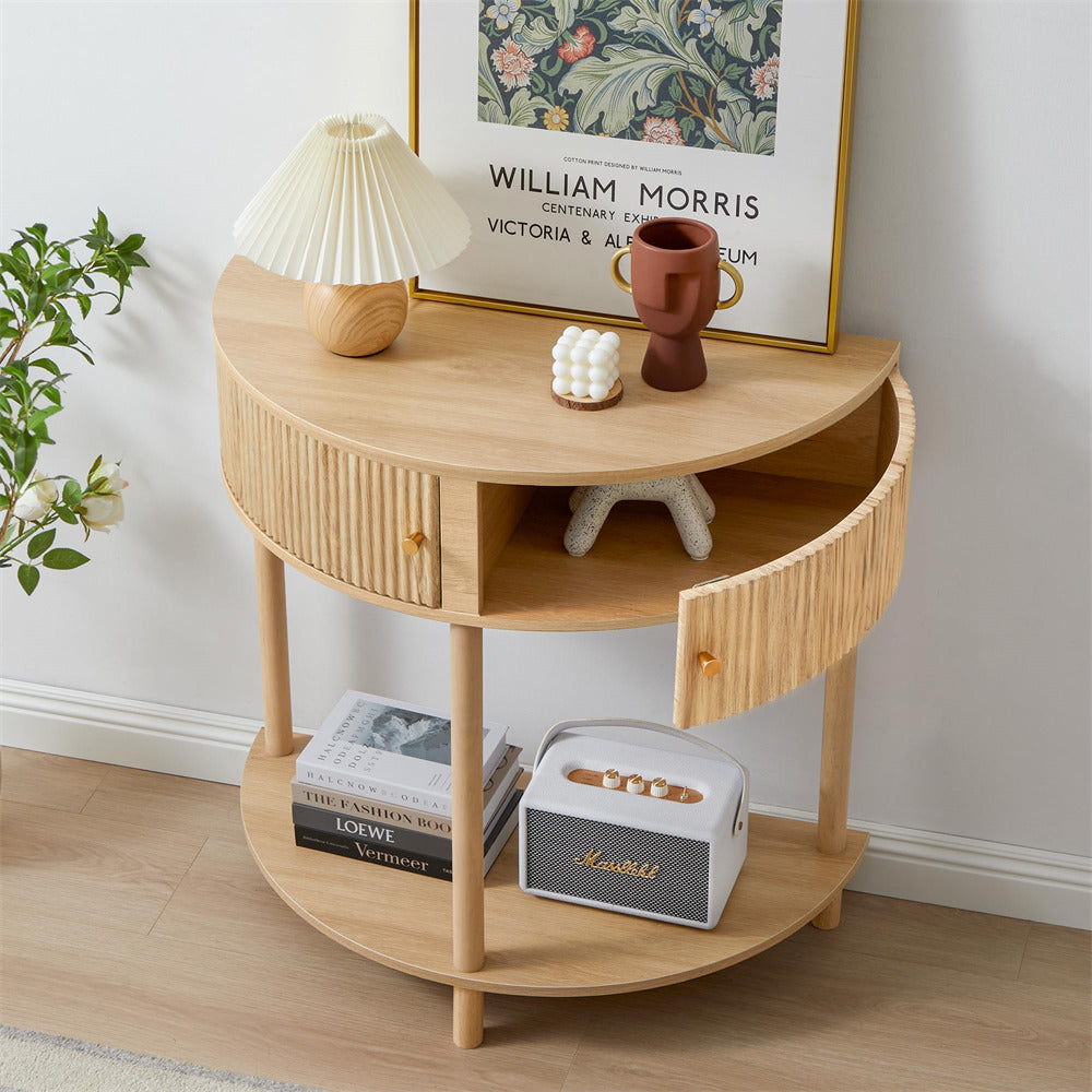 Natural Modern Small Fluted Half Moon Entryway Console Table with Storage and Solid Wood Legs