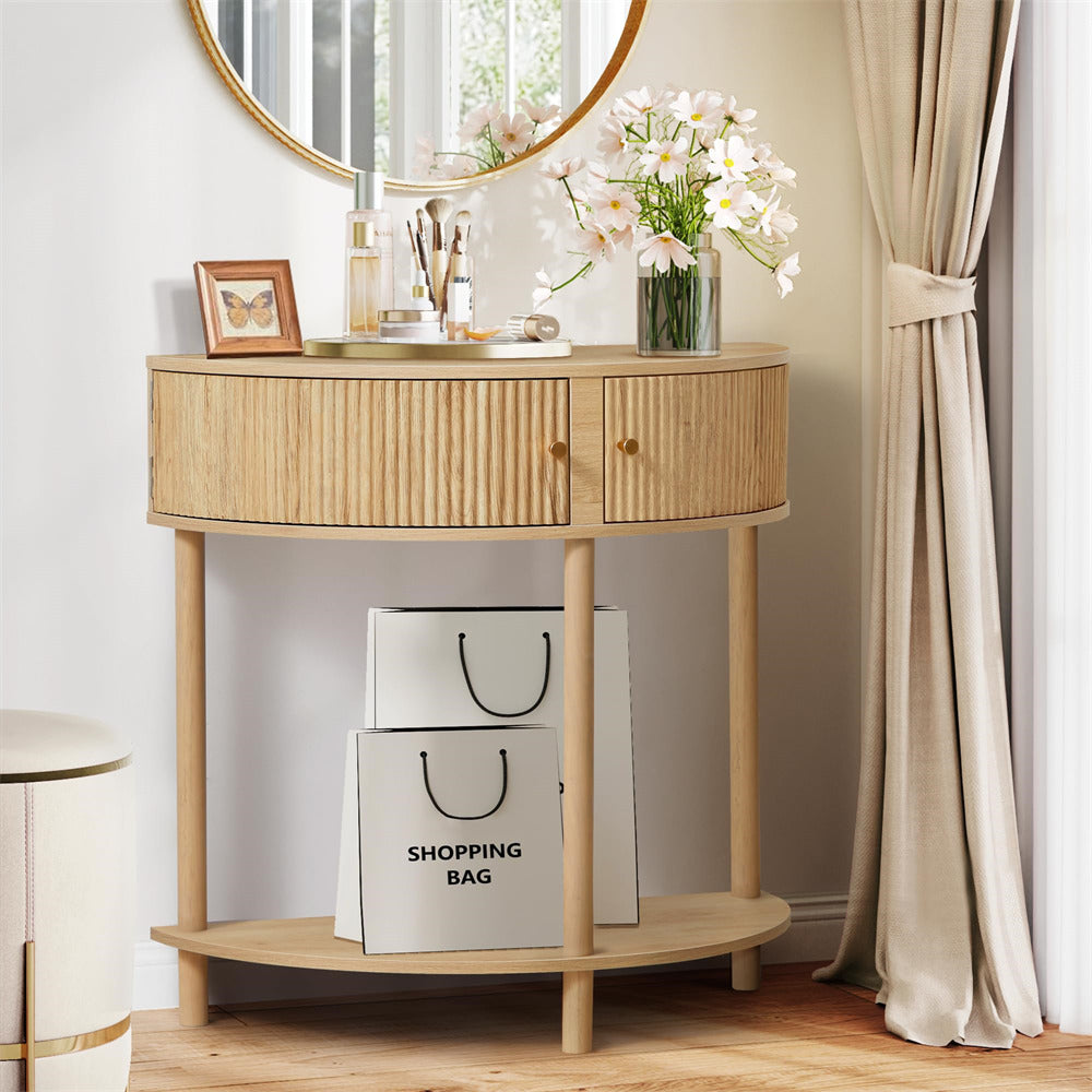 Natural Modern Small Fluted Half Moon Entryway Console Table with Storage and Solid Wood Legs