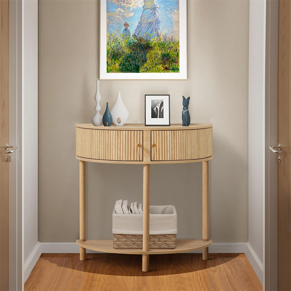 Natural Modern Small Fluted Half Moon Entryway Console Table with Storage and Solid Wood Legs