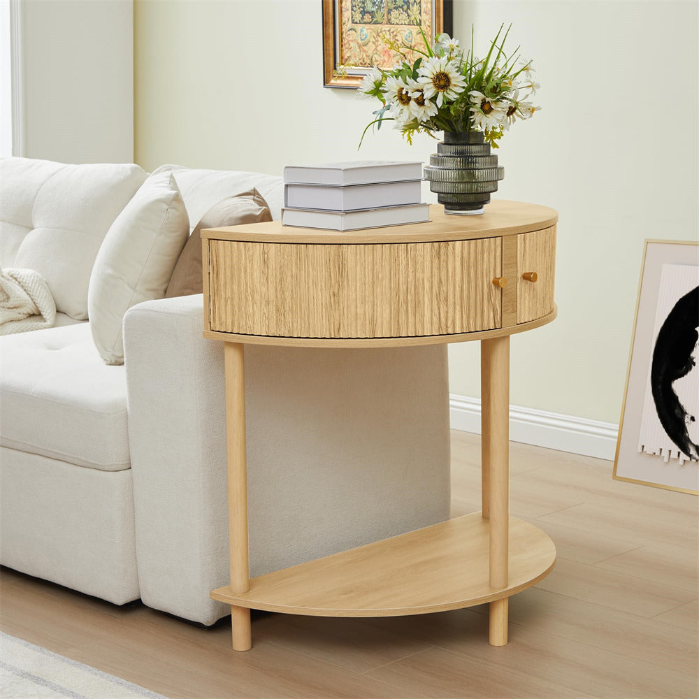 Natural Modern Small Fluted Half Moon Entryway Console Table with Storage and Solid Wood Legs