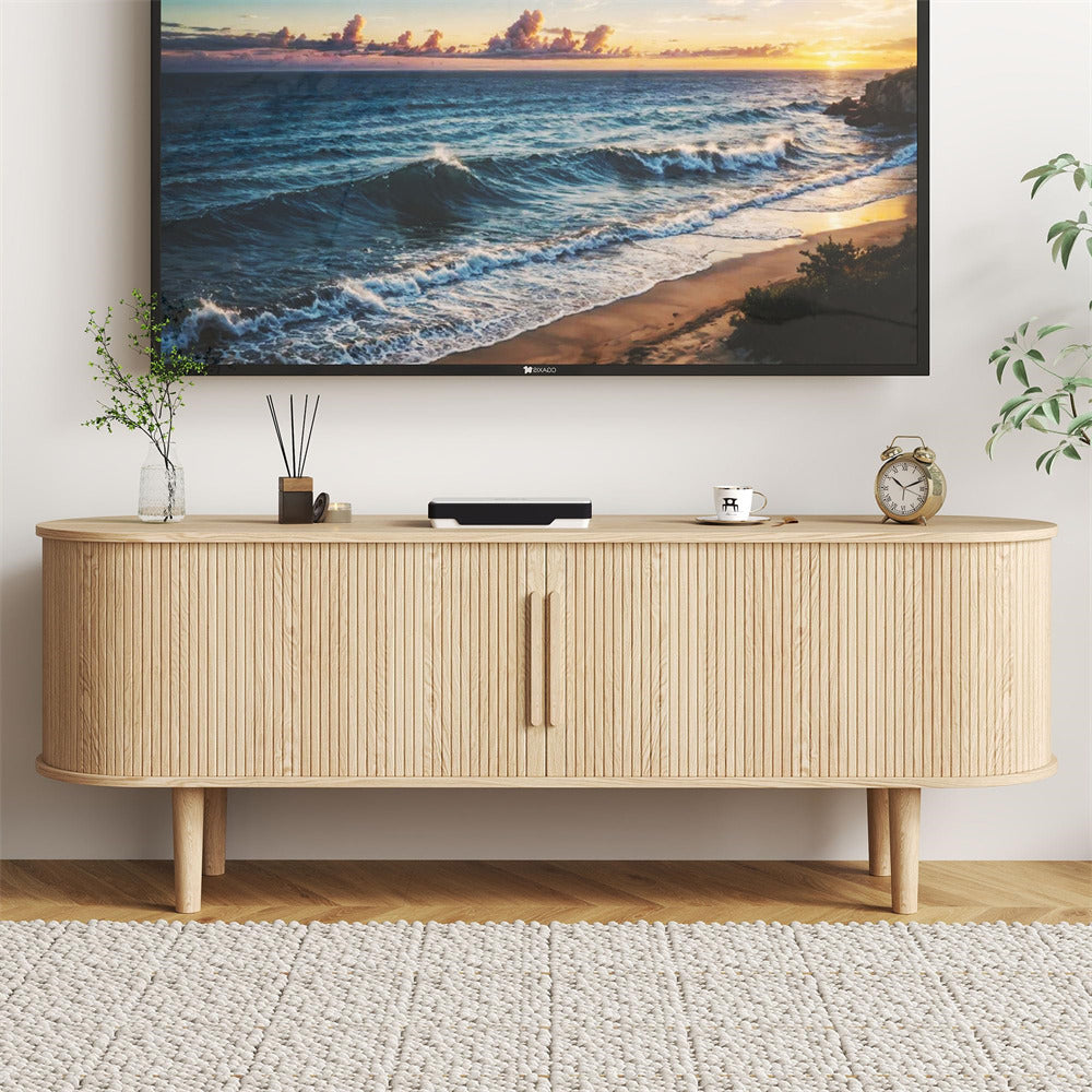 Natural Modern TV Stand 65 Inch Console Table with Storage Compartment and Sliding Door
