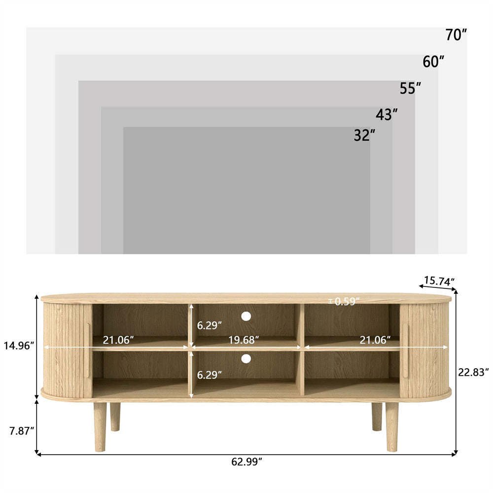 Natural Modern TV Stand 65 Inch Console Table with Storage Compartment and Sliding Door