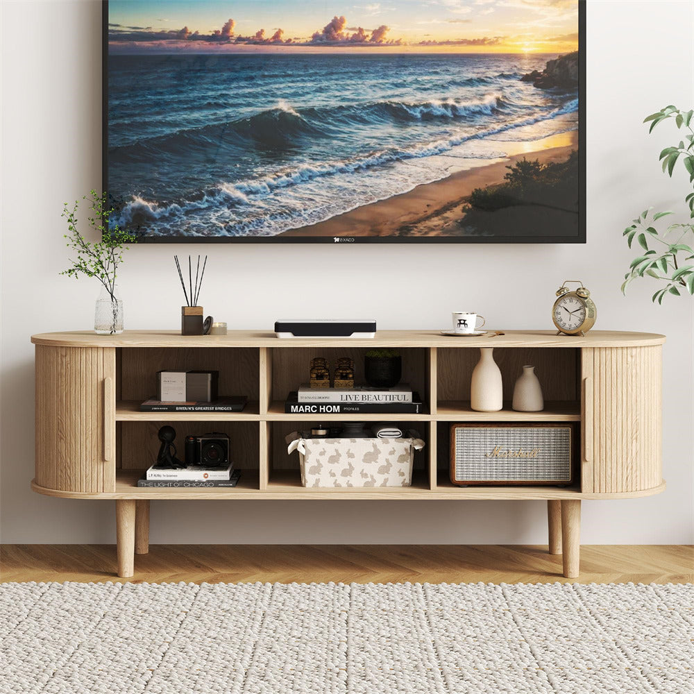 Natural Modern TV Stand 65 Inch Console Table with Storage Compartment and Sliding Door