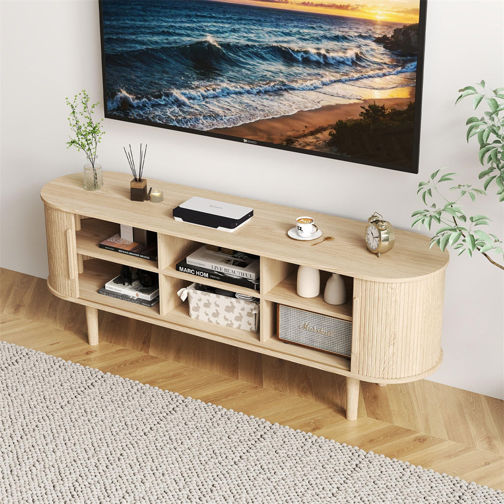 Natural Modern TV Stand 65 Inch Console Table with Storage Compartment and Sliding Door