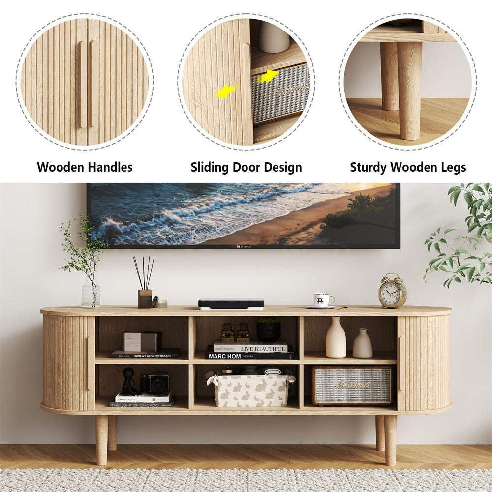 Natural Modern TV Stand 65 Inch Console Table with Storage Compartment and Sliding Door