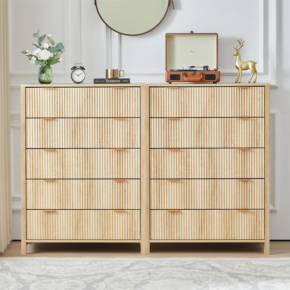 Natural Modern Wood 5 Drawer Dressers with Waveform Fluted Panel
