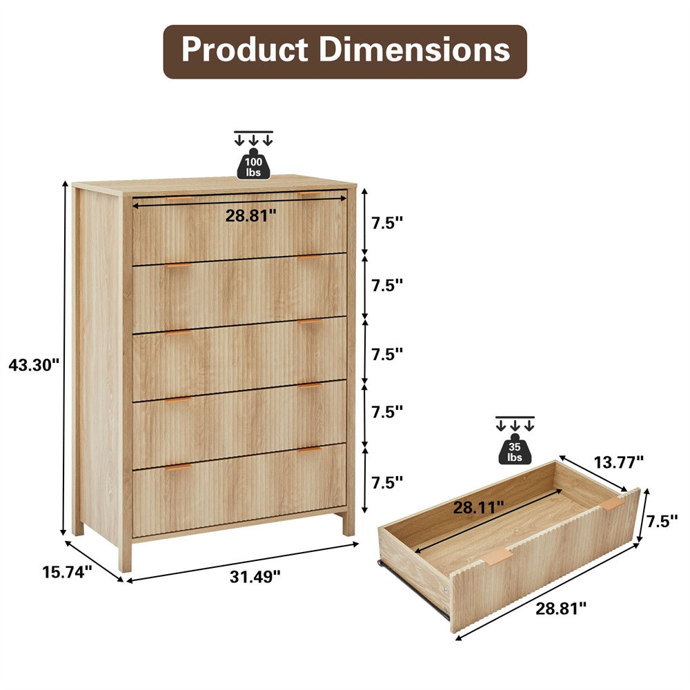 Natural Modern Wood 5 Drawer Dressers with Waveform Fluted Panel