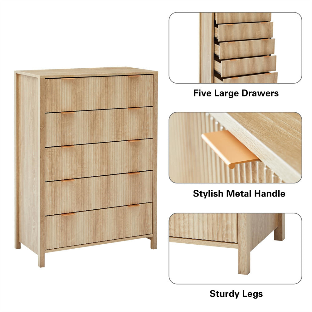 Natural Modern Wood 5 Drawer Dressers with Waveform Fluted Panel