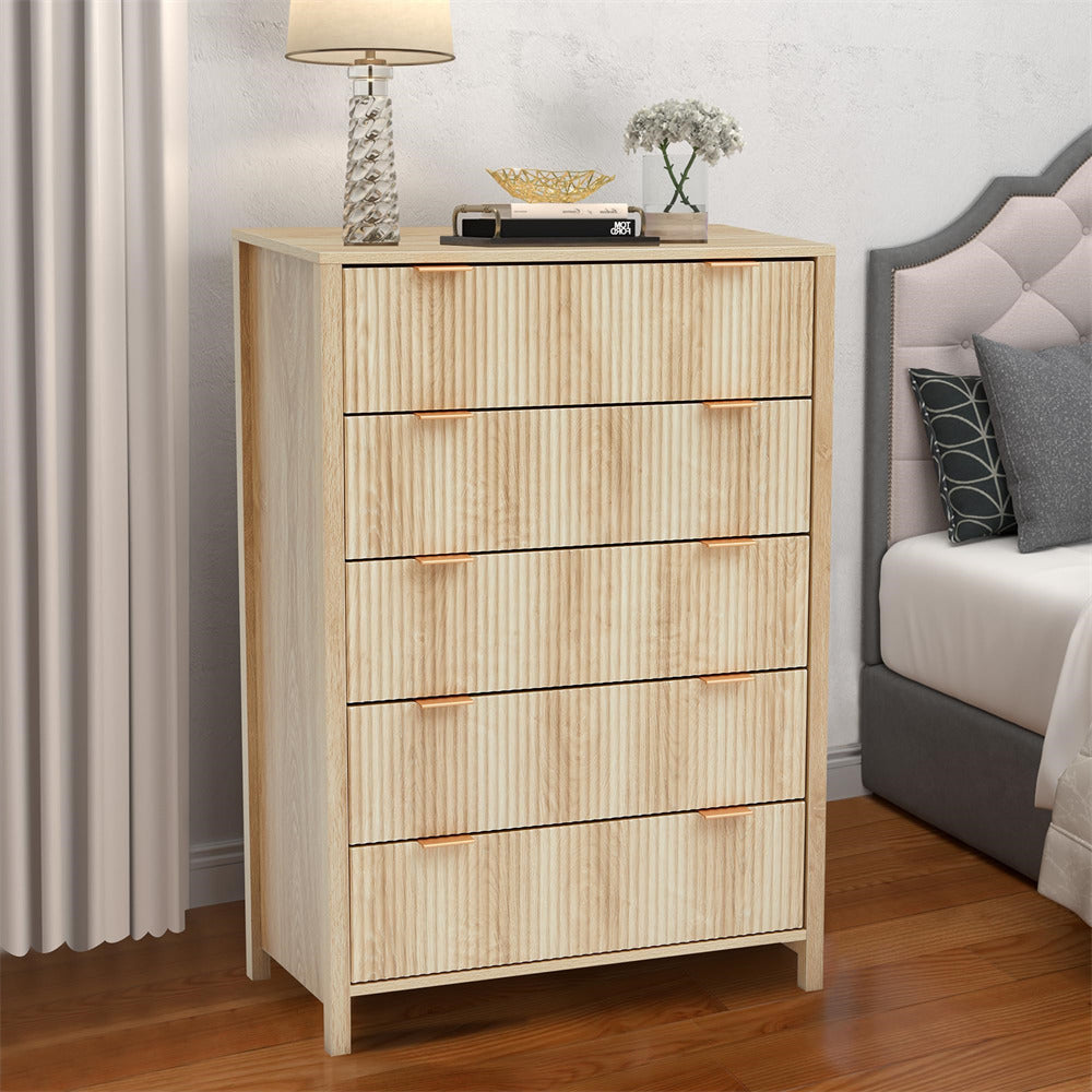 Natural Modern Wood 5 Drawer Dressers with Waveform Fluted Panel