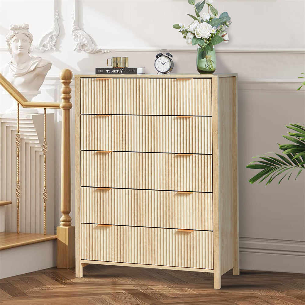 Natural Modern Wood 5 Drawer Dressers with Waveform Fluted Panel