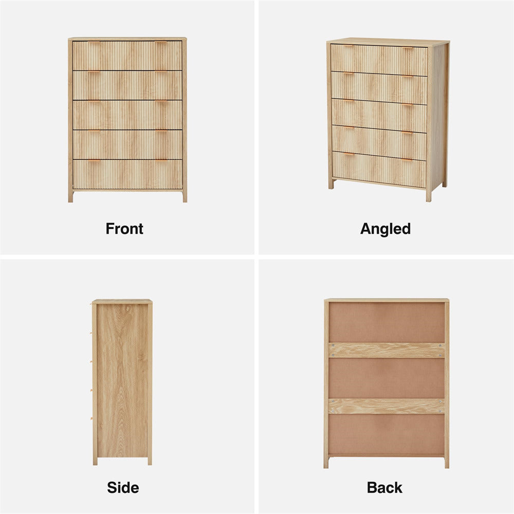 Natural Modern Wood 5 Drawer Dressers with Waveform Fluted Panel