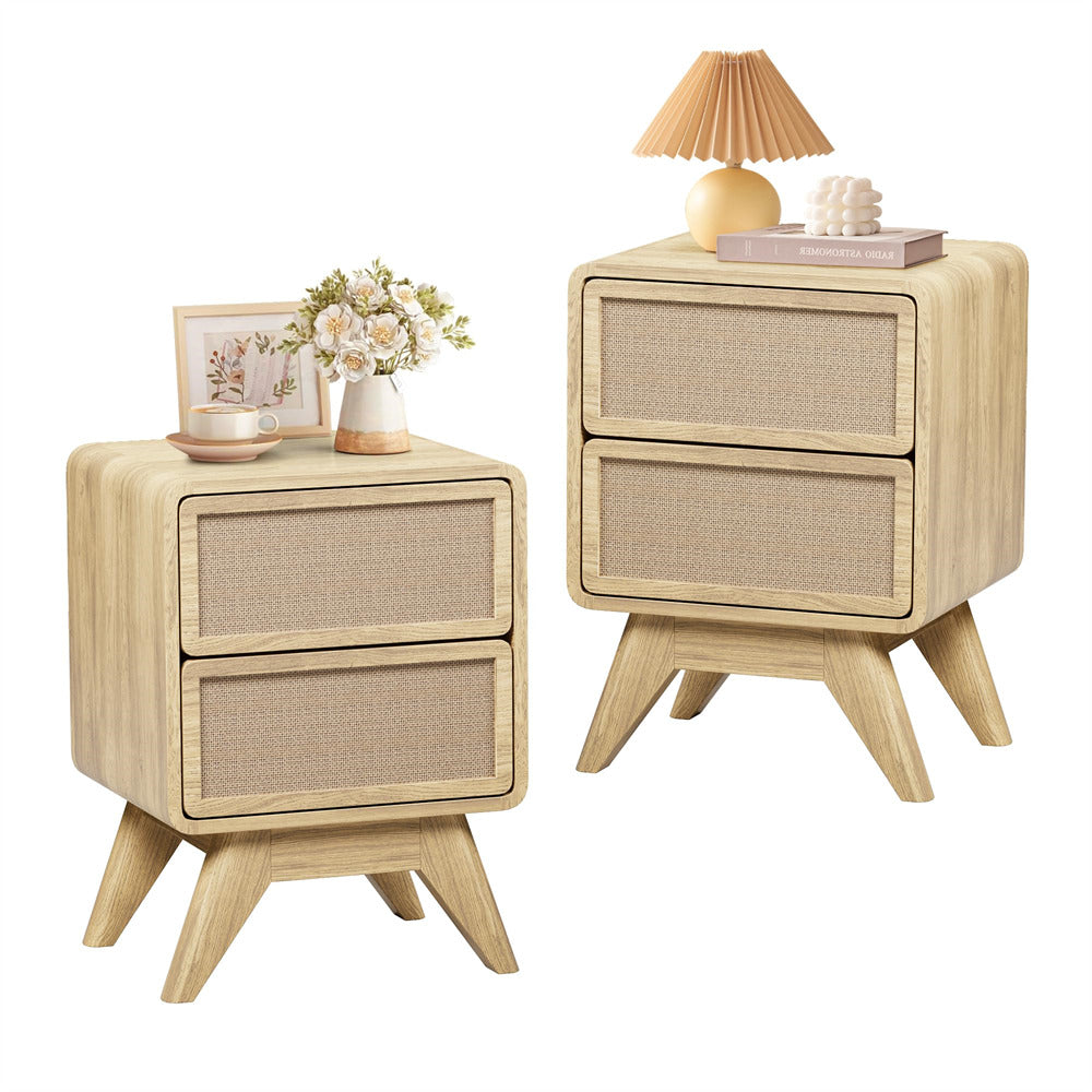 Natural Modern Wood Boho Nightstand Rustic End Table with Linen and Solid Wood Legs