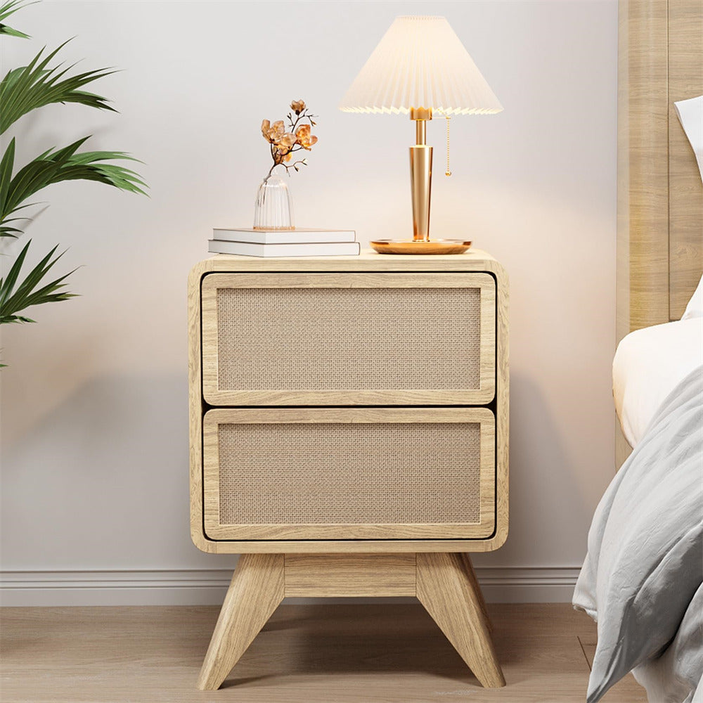 Natural Modern Wood Boho Nightstand Rustic End Table with Linen and Solid Wood Legs