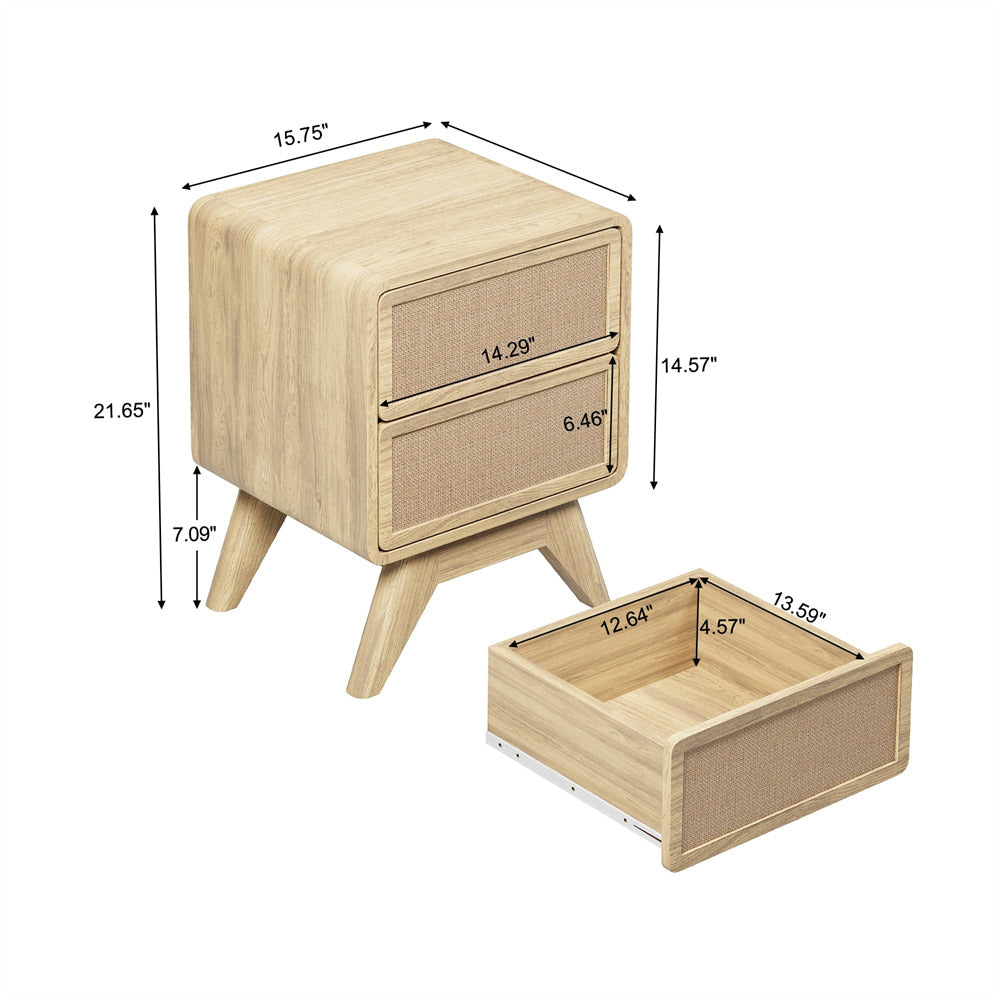 Natural Modern Wood Boho Nightstand Rustic End Table with Linen and Solid Wood Legs