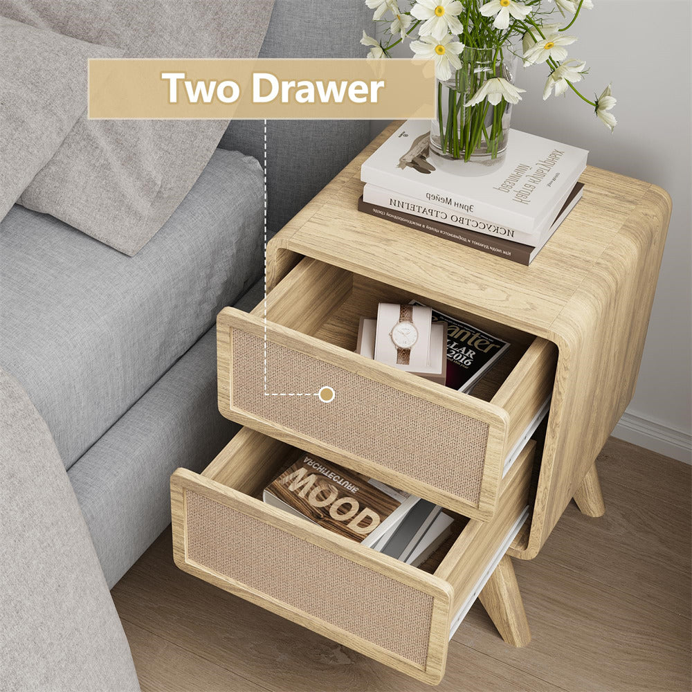 Natural Modern Wood Boho Nightstand Rustic End Table with Linen and Solid Wood Legs