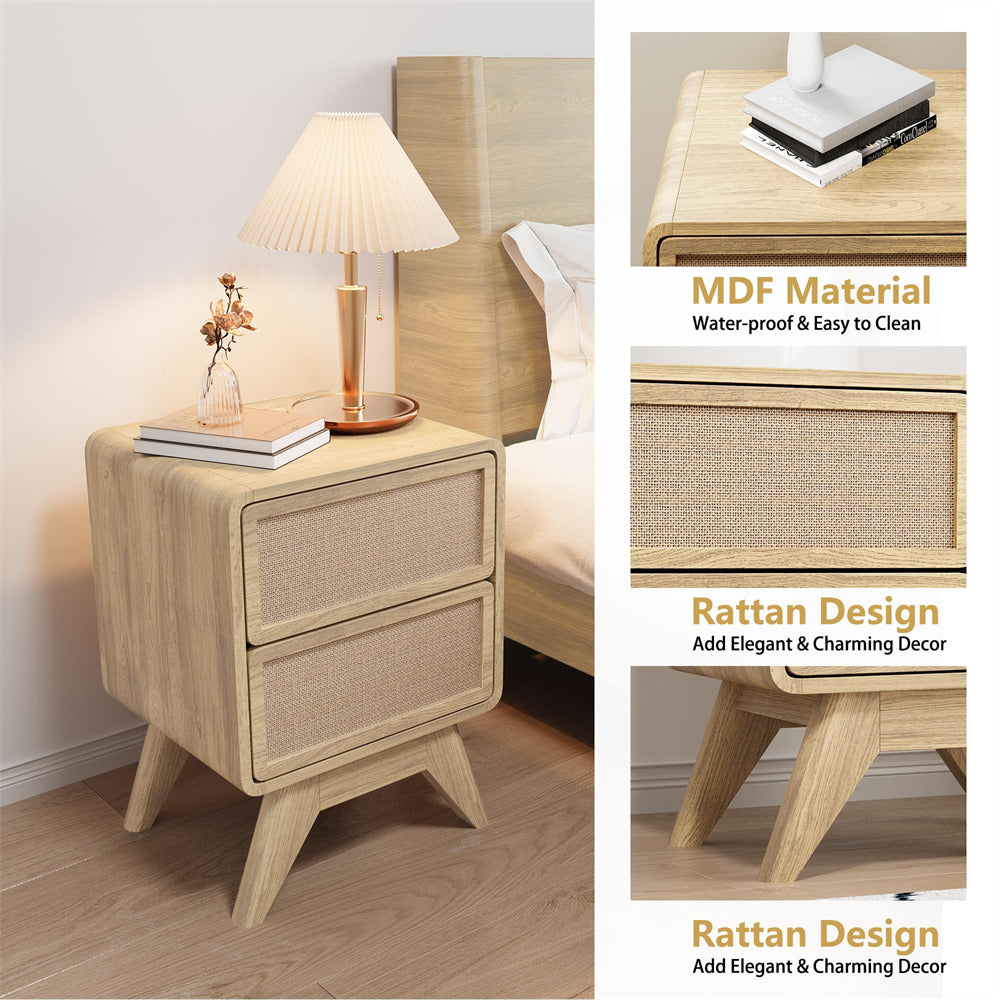 Natural Modern Wood Boho Nightstand Rustic End Table with Linen and Solid Wood Legs
