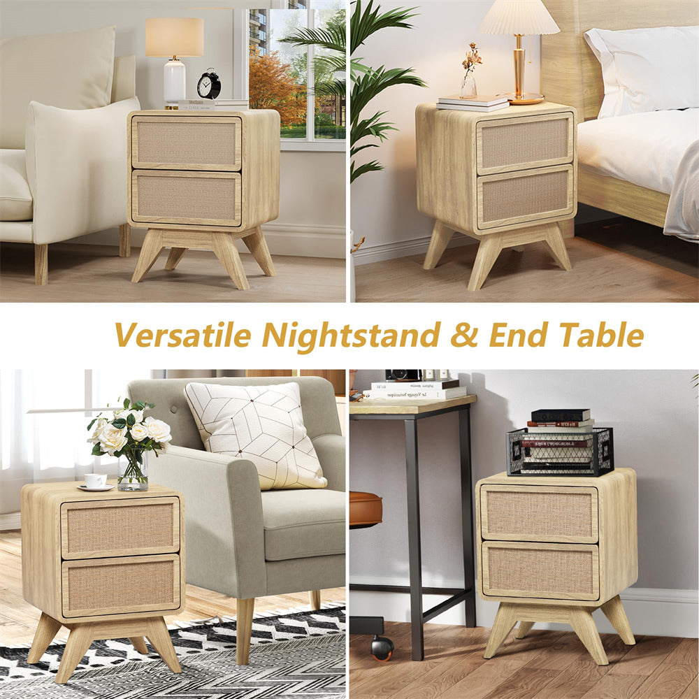 Natural Modern Wood Boho Nightstand Rustic End Table with Linen and Solid Wood Legs