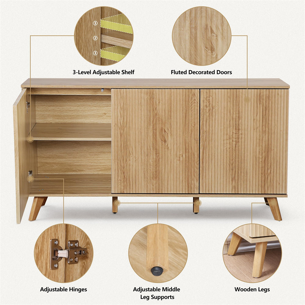 Natural Modern Wood Fluted Storage Cabinet Sideboard Buffet with 3 Doors