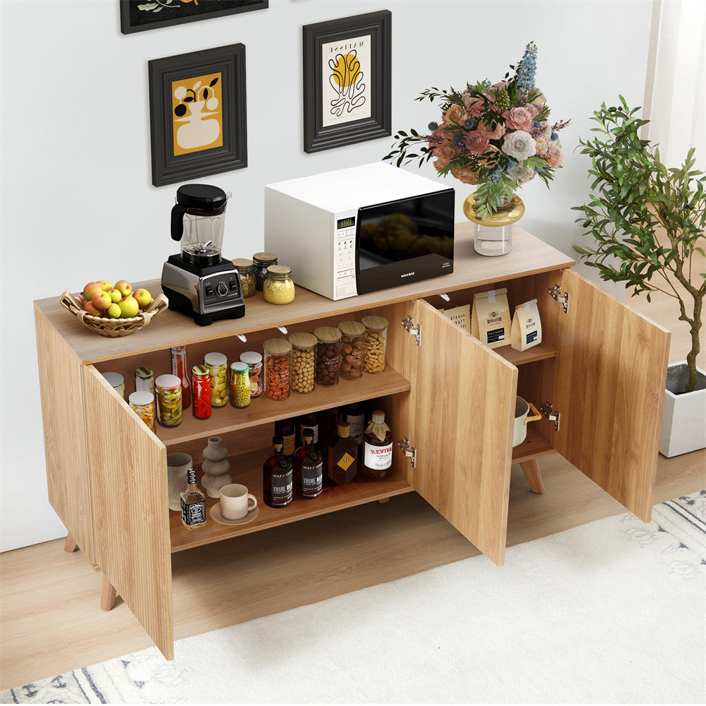 Natural Modern Wood Fluted Storage Cabinet Sideboard Buffet with 3 Doors