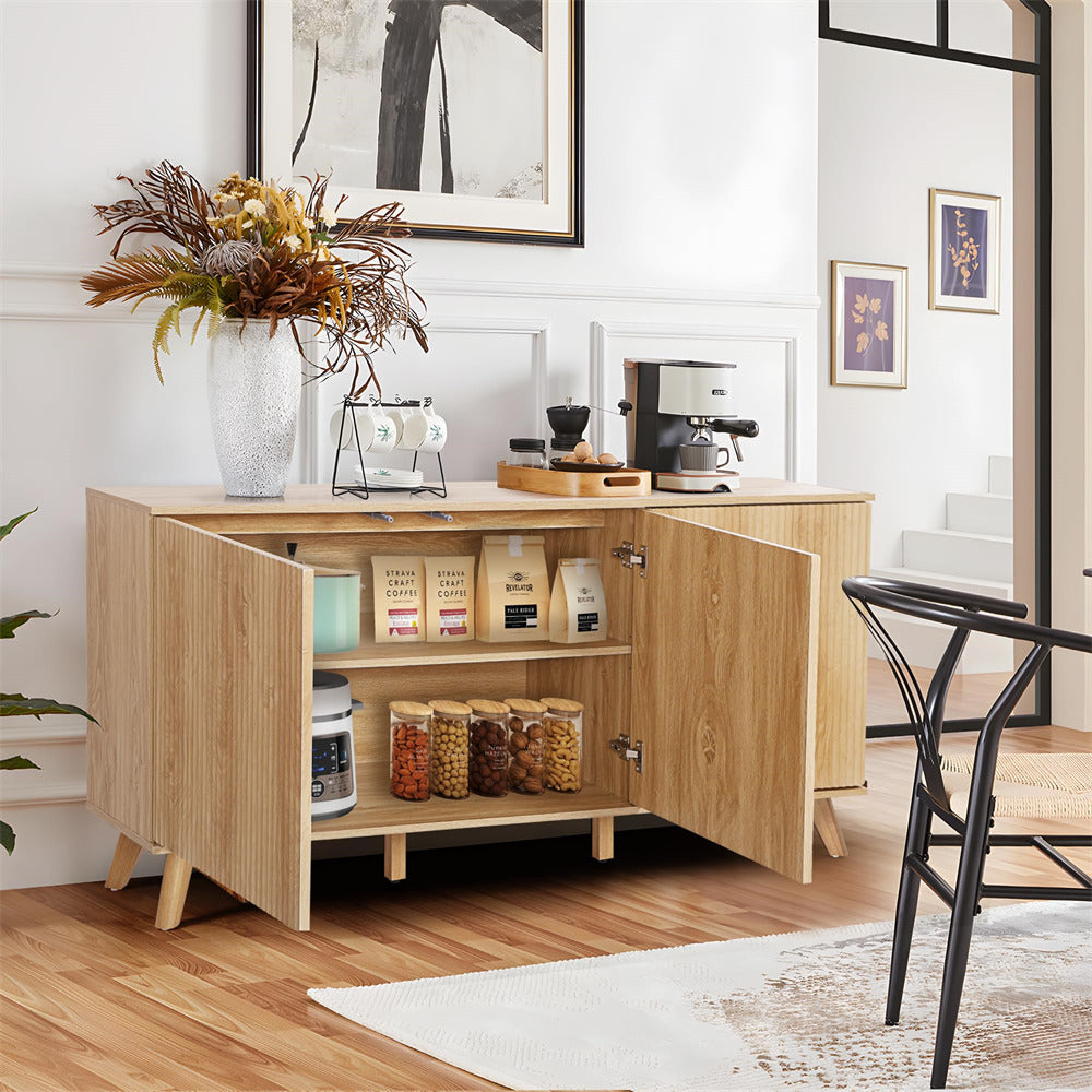 Natural Modern Wood Fluted Storage Cabinet Sideboard Buffet with 3 Doors