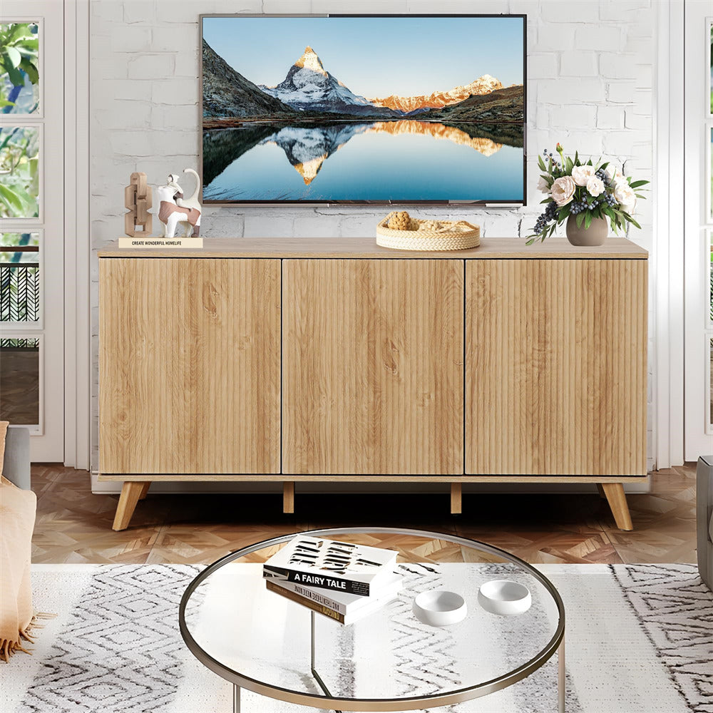 Natural Modern Wood Fluted Storage Cabinet Sideboard Buffet with 3 Doors