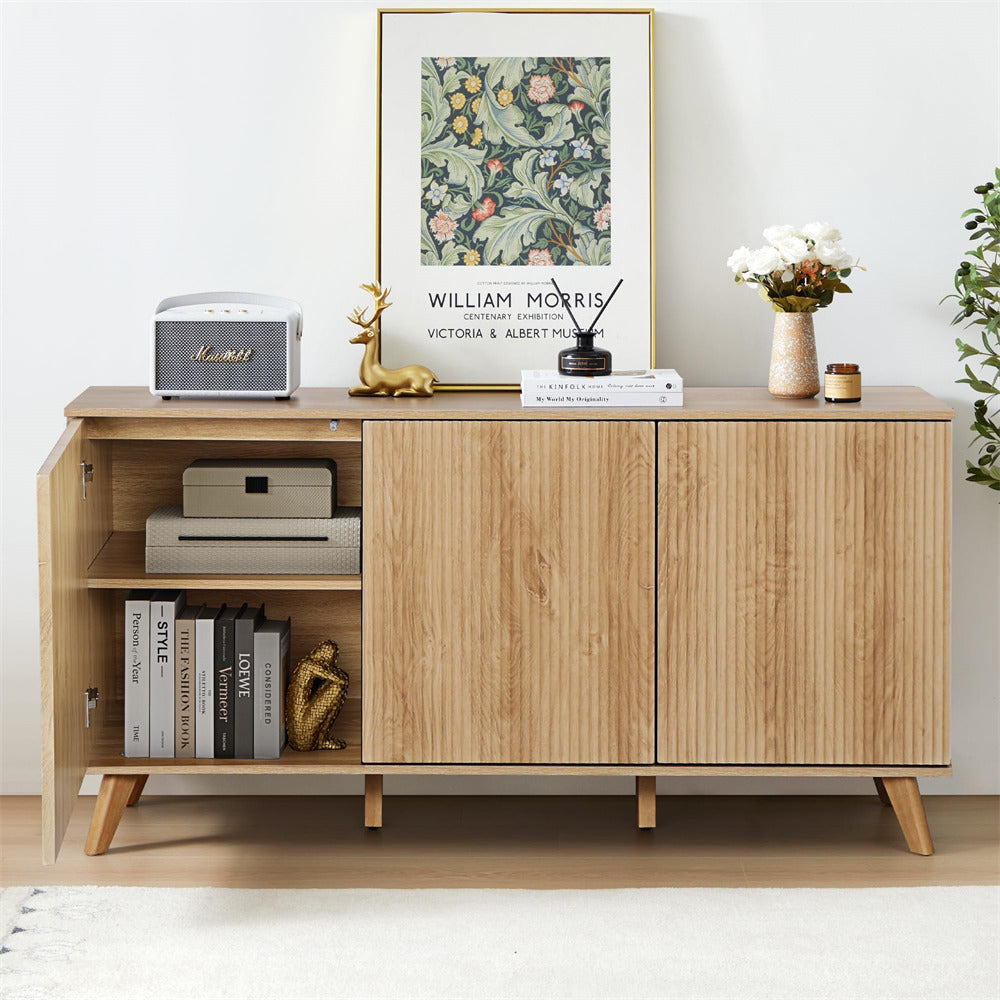 Natural Modern Wood Fluted Storage Cabinet Sideboard Buffet with 3 Doors