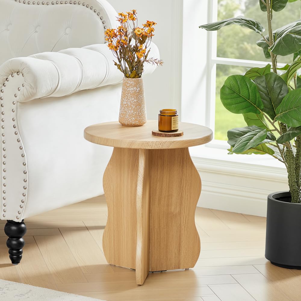 Natural Modern Wooden Pedestal Round Small Side Table with Wave Legs