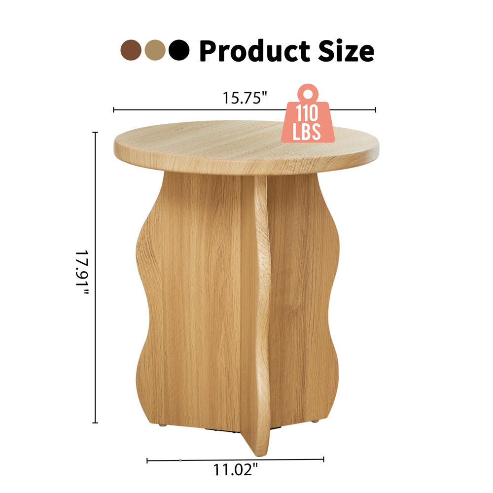 Wooden side table with measurements and weight capacity on a white background